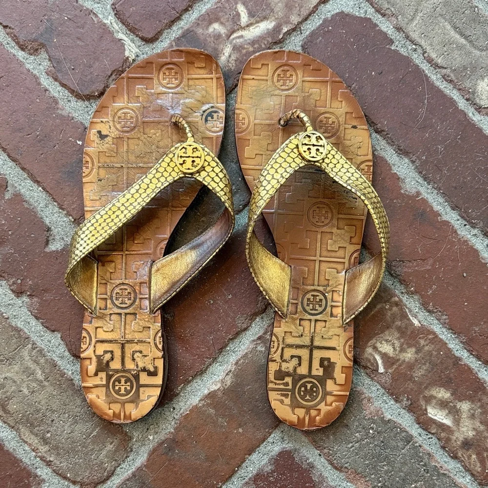 Tory Burch Thora Metallic Gold Snake print Leather Sandals